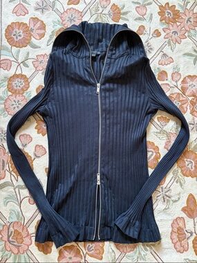 COS Ribbed Zip-Up Funnel Collar Top in Dark Navy